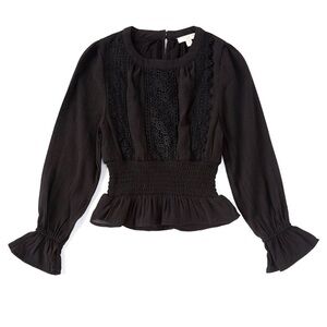 Chelsea Violet Big Girls Black Long Sleeve Smocked Lace-Trim Peplum Blouse Large
